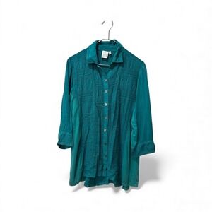 Parsley & Sage Teal Embroidered Tunic Shirt Top XL 3/4 Sleeve Button Front